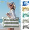 Striped Zipper Double Outer Bag Canvas Polyester Beach Bag For Outdoor Travel, Seaside Vacation, Large Capacity