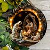 Nativity Scene Wooden Sign 2D Relief Effect of Jesus Round Christmas Ornament for Church Front Door Wall Hanging Decor Ideal