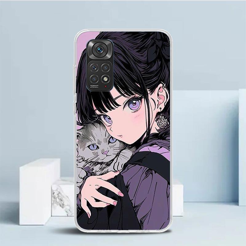 Милый черный кот в стиле аниме Чехол для телефона Xiaomi Redmi Note 15 14 14S 13 12S 12 Pro Plus 11S 11 11T 11E 10S 10 + Мягкий ТПУ Задняя крышка C