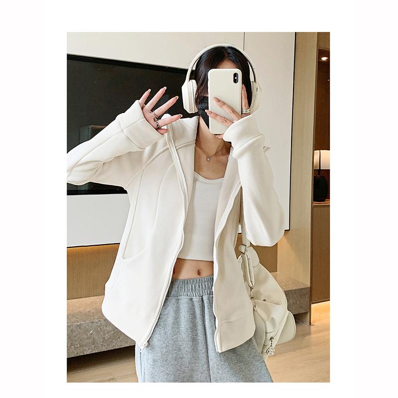 Женская спортивная куртка на молнии с капюшоном, осенне-зимняя, на флисовой подкладке, утолщенная, худи, однотонная, повседневная, свободная, кардиган