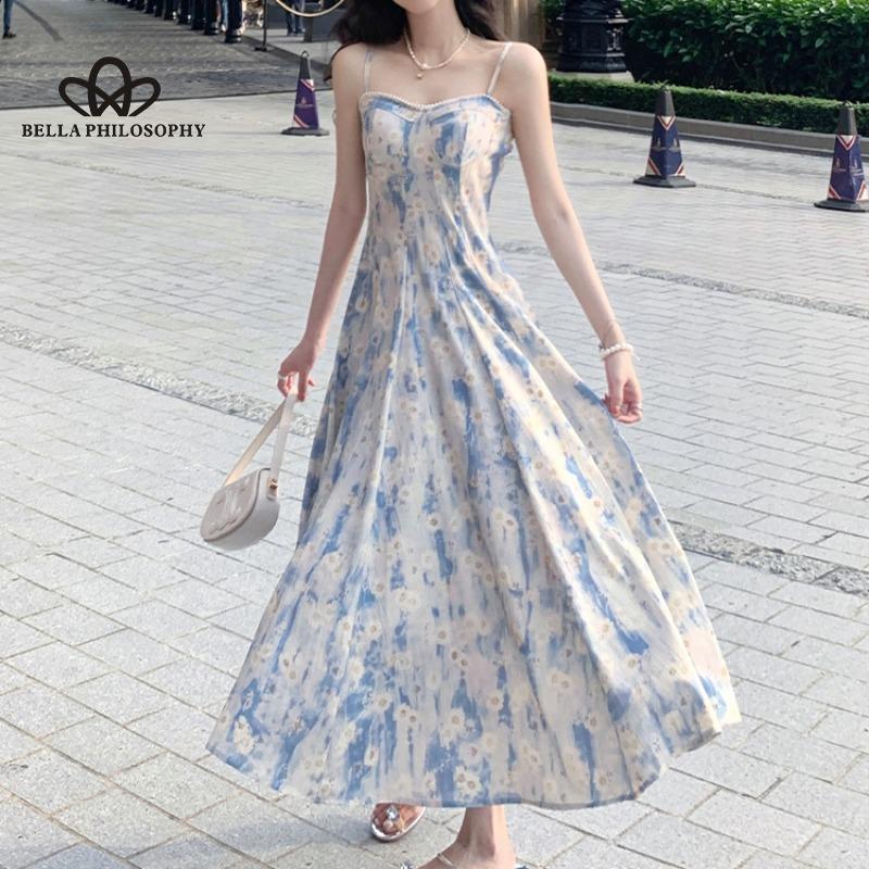 French Blue Oil Painting Long Dress Beach Dress Floral Sling Dress Women's Summer Fairy Style Casual Party Dress