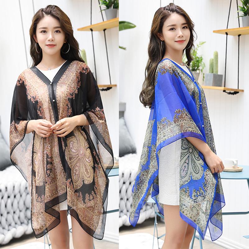 Versatile Paisley Chiffon Scarf Set with Pearl Buckle - Popular Multifunctional Sunscreen Shawl for Influencers