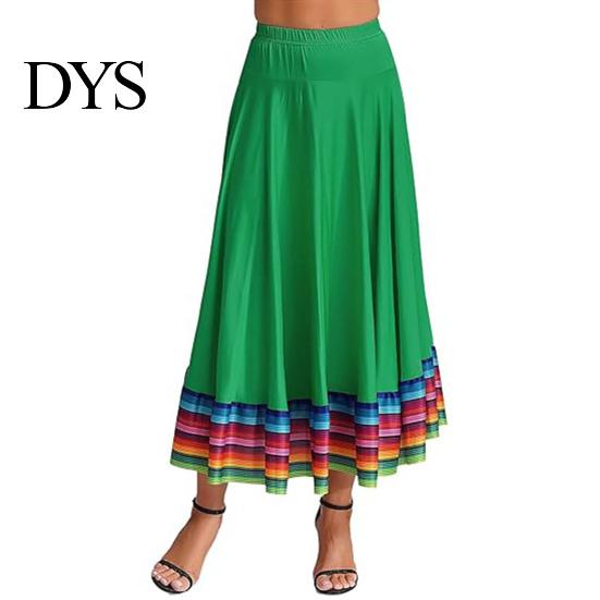 Large Swing Hem Skirt Maxi Ladies Folk Dance Elastic Waist Spanish Women Wide Rainbow Mexican Flamenco Performance Colorful Bottom