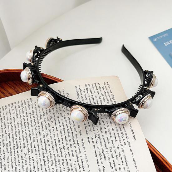 Shining Rhinestone Faux Pearls Flower Decor Women Headband Non-slip Elastic Double Layer Bangs Clips Hair Hoop Hair Accessories