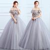 Wedding Party Dress Elegant Women Applique Lace Mesh Solid Color Big Swing Long Gown