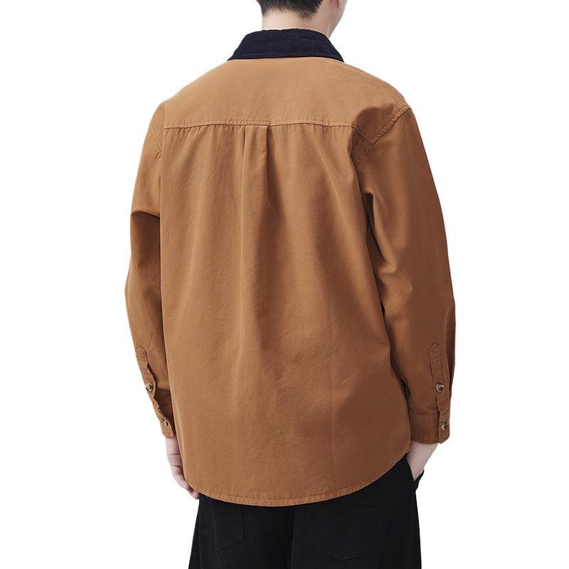 Весна Новая Японская Ретро Мужская Свободная Хлопковая Повседневная Рабочая Рубашка в Американском Стиле с Длинным Рукавом