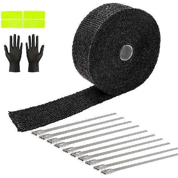 Exhaust Heat Wrap Roll 2" X 16' Black Fiberglass Heat Shield Tape 1 Rolls 5Cm X 5M With 10Pcs Stainless Ties For Motorcycle Car Truck