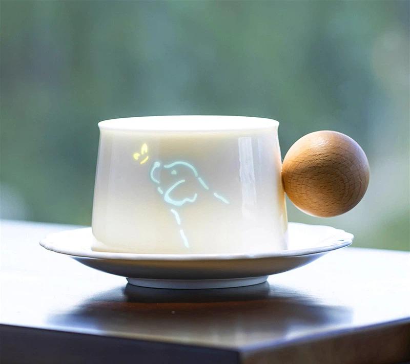 Cute Cat Ceramic Coffee Cup with Saucer, 230ml Porcelain Tea Cup with Wooden Handle