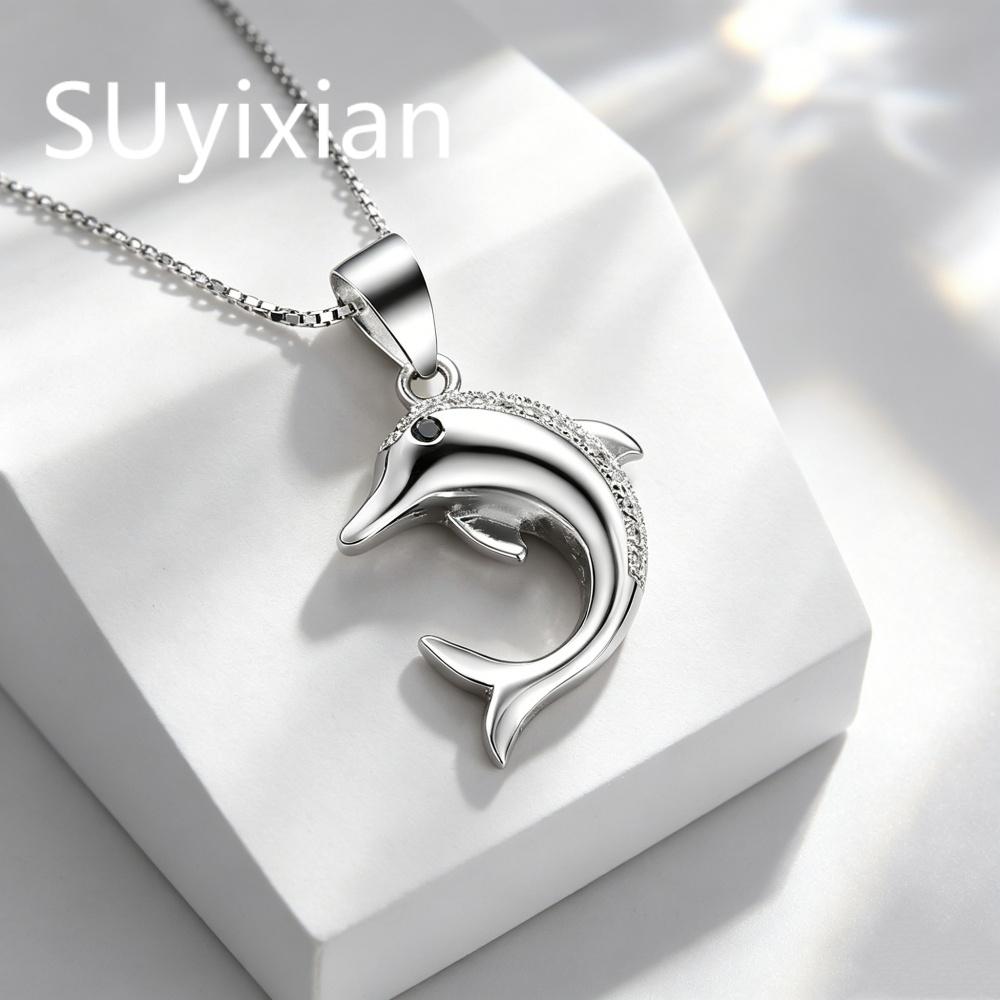 925 Sterling Silver Temperament Cute Dolphin Zircon Pendant Necklace, Birthday Party Anniversary Gift, Ladies Jewelry
