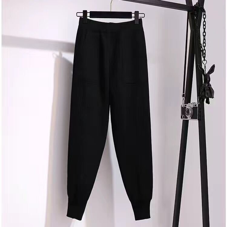 Women Pants Autumn and Winter Black Casual Knitted Pants Loose Elastic Nine Points Harlan Radish Pencil Pants