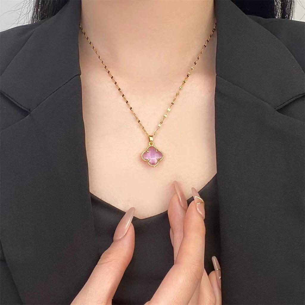 Purple Four-leaf Clover Shiny Titanium Steel Necklace Women, Fashion Temperament Collarbone Chain, Simple and Versatile 18k Gold Jewelry