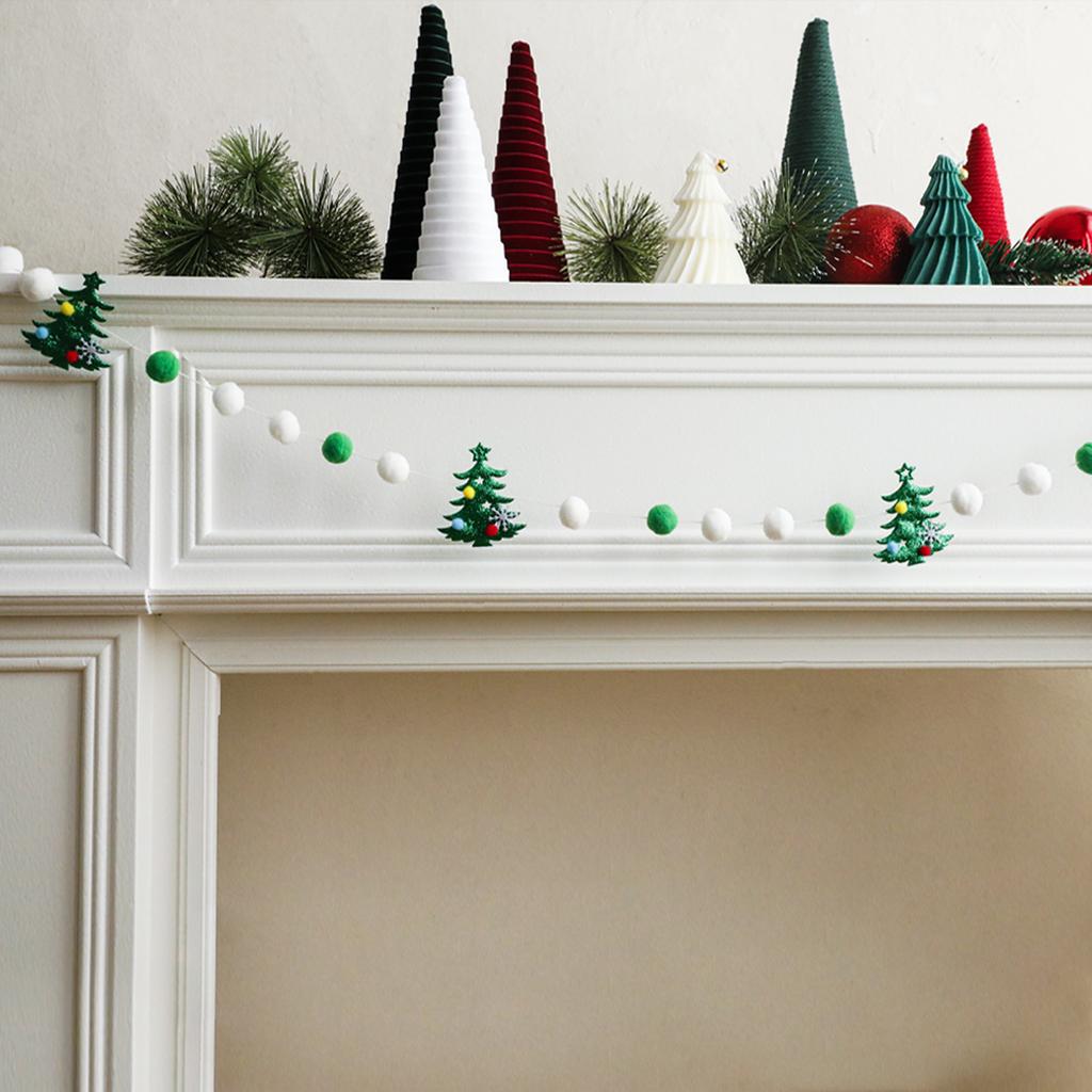 Christmas Tree Pom Pom Garland Green White Felt Ball String with Mini Tree Ornaments for Xmas Tree Fireplace Wall Hanging Decor
