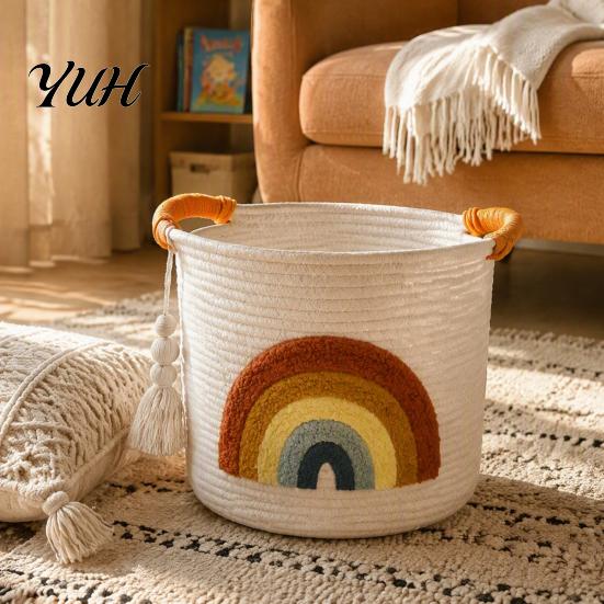 Foldable Sundries Holder Large Cotton Woven Storage Basket, Cartoon Embroidery Toy Organizer Bin, Soft Fabric Container Capacity with Reinforced