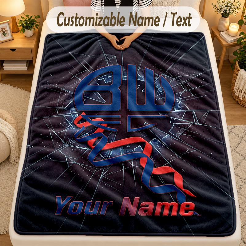 Flannel BlanketBolton Wanderers FC Custom Name Text Personalized Soft Warm Throw Blanket Home Decor Gift