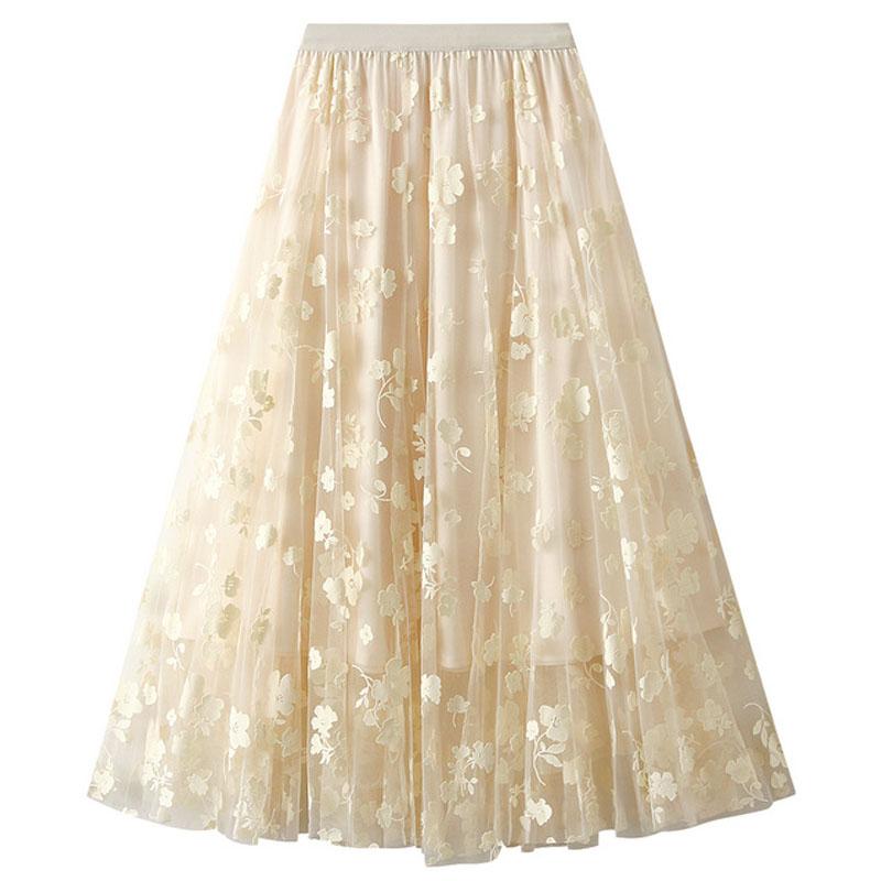Qooth Женская элегантная тюлевая юбка-пачка с цветочным принтом, новая офисная женская сетчатая плиссированная юбка на весну и лето QT2326