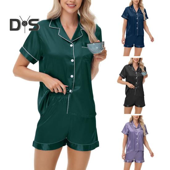 Пижамный костюм из 2 предметов, атласный однобортный кардиган, рубашка с V-образным вырезом, воротником-стойкой, однотонная рубашка с нагрудным карманом, свободные шорты, ночная рубашка, одежда для сна