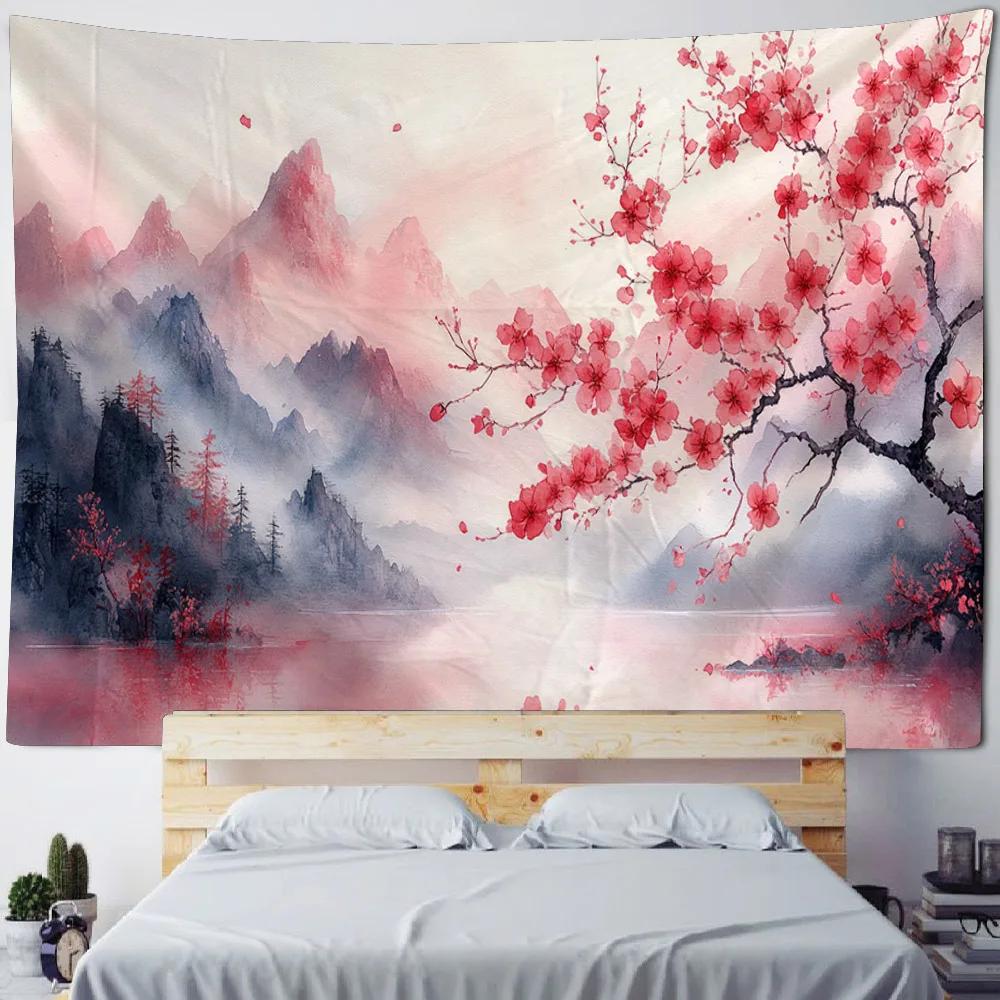 Cherry Blossom Landscape Tapestry Dreamy Oil Painting Wall Hanging Decorative Art for Living Rooms