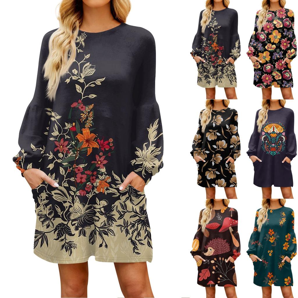 Fashion Womens Long Sleeve A Line Dress Fall Casual Pullover Crewneck Loose Fit Dress With Pockets