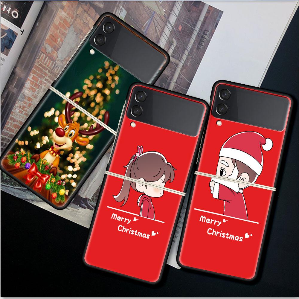 Case For Samsung Galaxy Z Flip 3 4 5G Black Hard PC Phone Housing Z flip4 Luxury Segmented Cover Christmas Cartoon