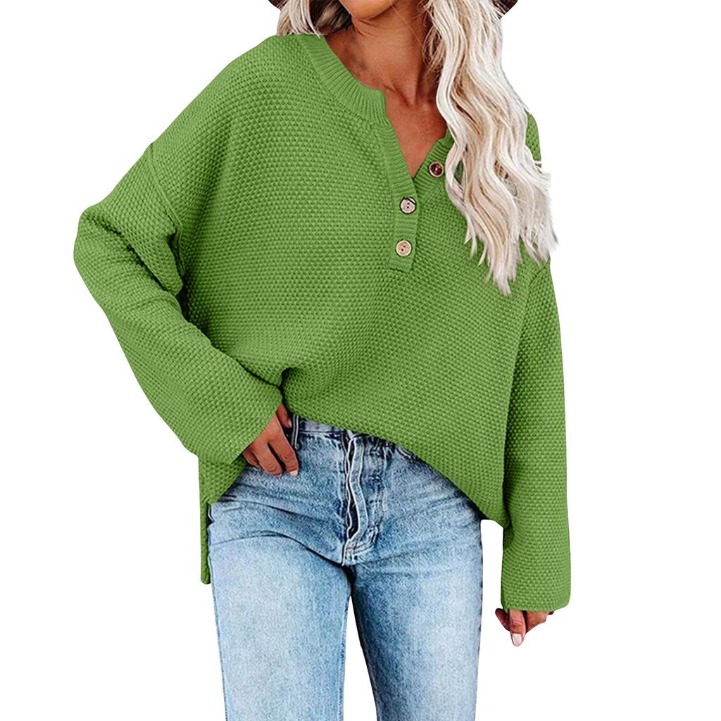 Женская мода, повседневный однотонный свободный вязаный пуловер с круглым вырезом и пуговицами, топ