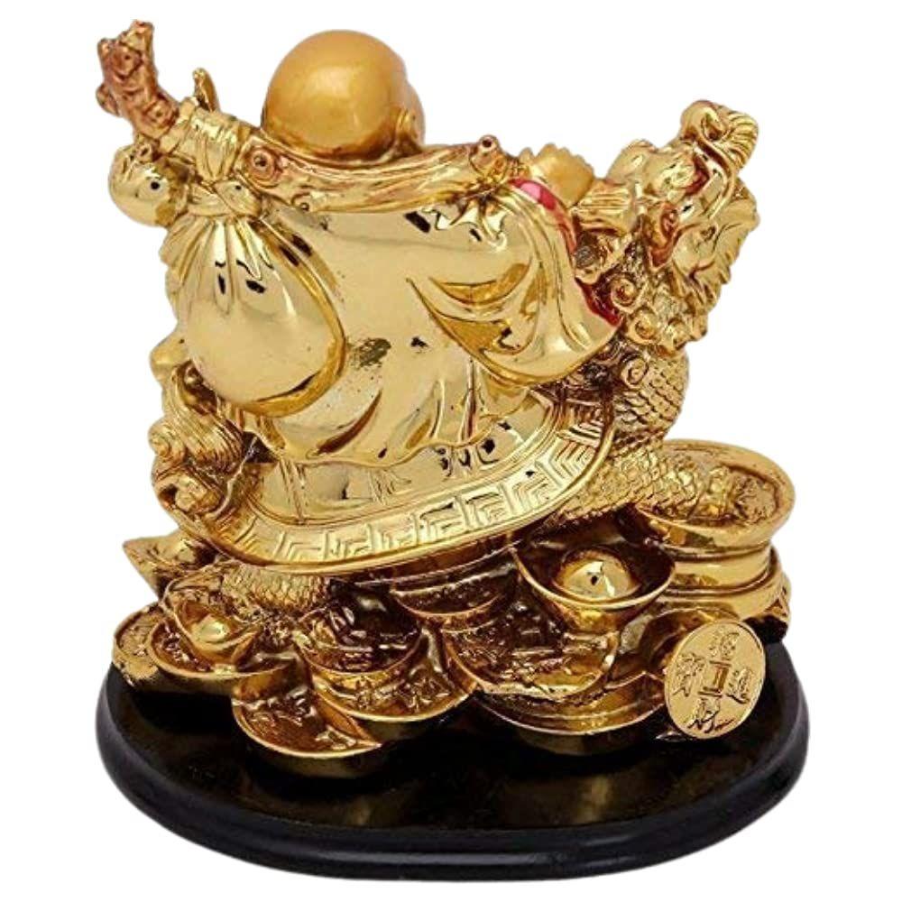 Polyresin Laughing Buddha On Dragon; 10x 13x 8 Cm; Gold; 1 Showpiece; Buddha; Dragon, Buddha,Dragon