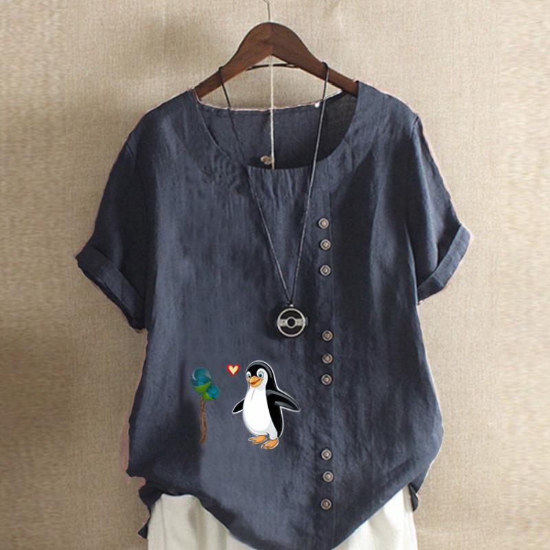Women's Fashion Round Neck Short Sleeve T-shirt Casual Cotton Linen Graphic Shirt Leisure Loose Penguin Prined Summer Blouse Tops