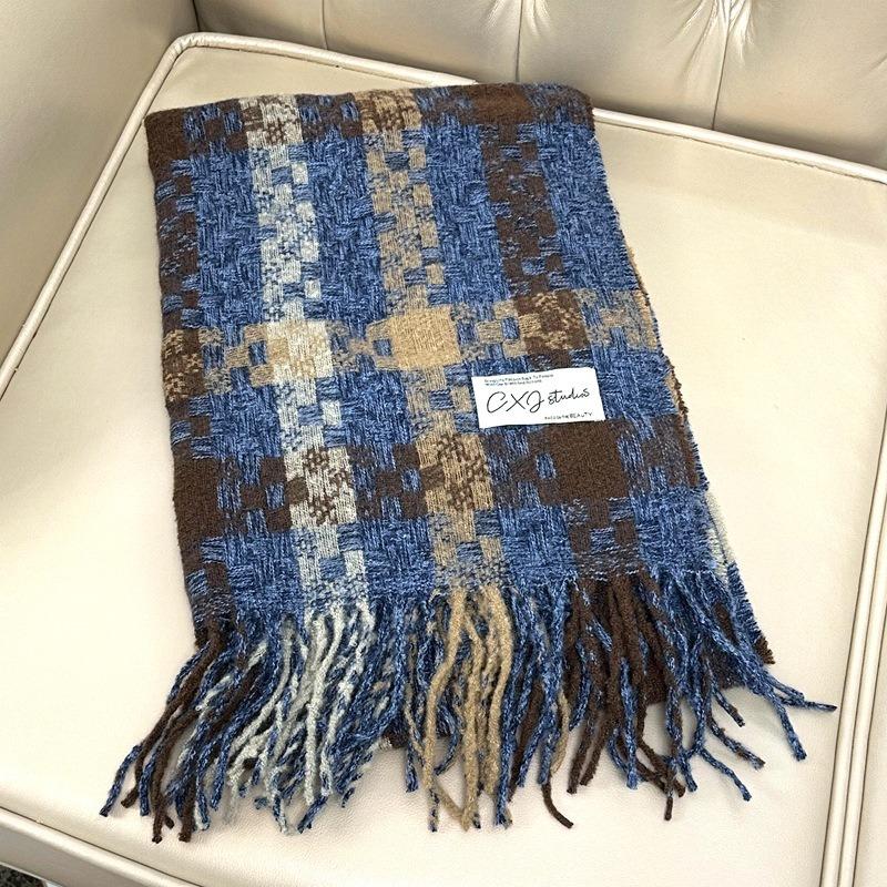 New Autumn and Winter Scarf Women's Contrasting Color Plaid Advanced Sense Tassel Versatile Student Thickened Scarf Shawl