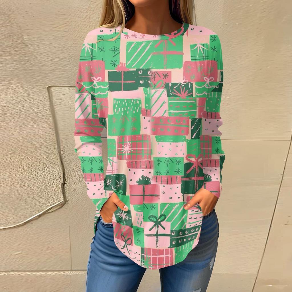 Футболки для женщин, осенние повседневные рубашки с длинным рукавом, толстовки с винтажным графическим принтом, топы, пуловеры, рождественские