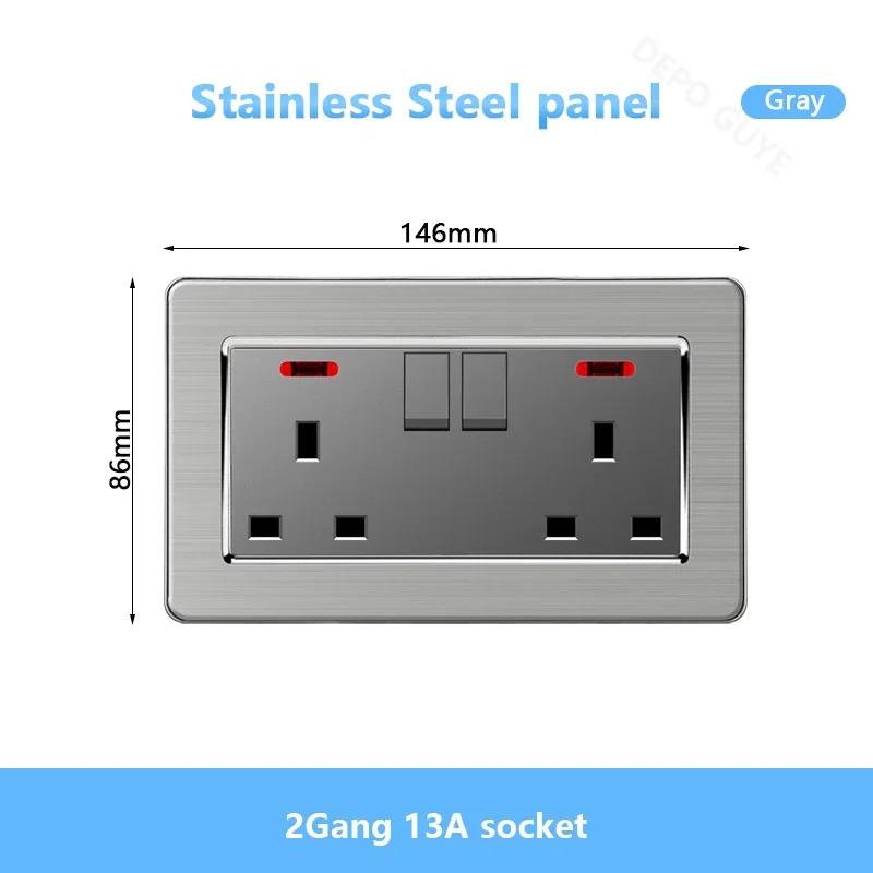 Universal Wall Light Switch Brushed Stainless Steel Panel,UK Type-c 18W Quick Charging Socket 220V Double USB Electrical Outlet