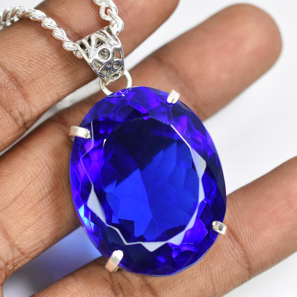 120.25 Ct Lab Created Blue Sapphire CERTIFIED Oval Pendant 925 Sterling Silver MY-PD-137-NS