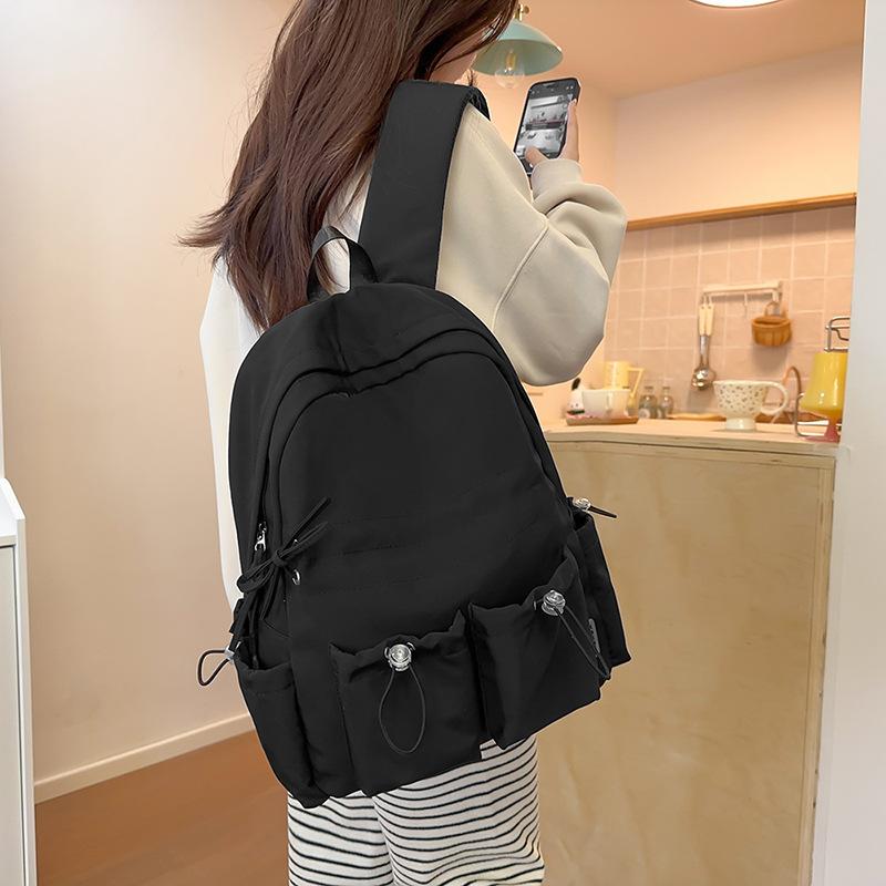 Простой однотонный женский рюкзак с двойным карманом, на шнурке, легкий, студенческий, милый, для путешествий, с бантом, сумка студента колледжа
