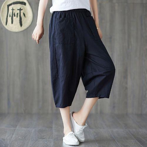 Женские летние тонкие хлопчатобумажные и льняные универсальные повседневные шаровары с семью точками, свободные брюки-фонарики с эластичным поясом и широкими штанинами больших размеров