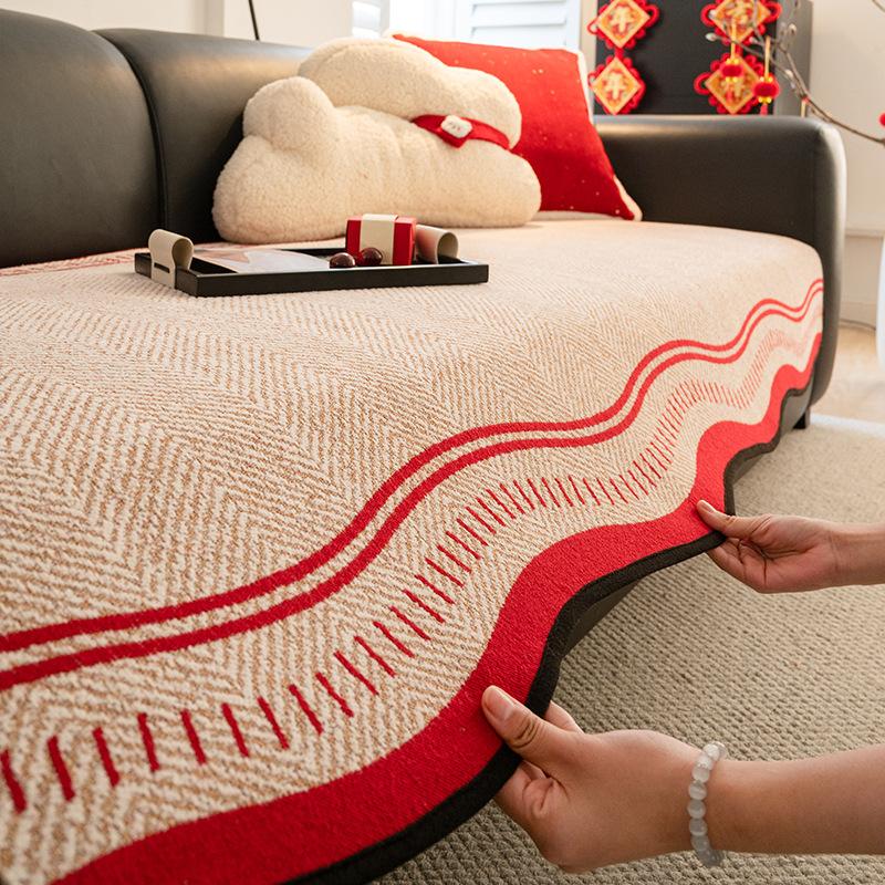 Premium Leather Sofa Cushion Autumn And Winter Plush New Four-Season Universal Fixed Non-Slip Straight Row Seat Cushion Cover