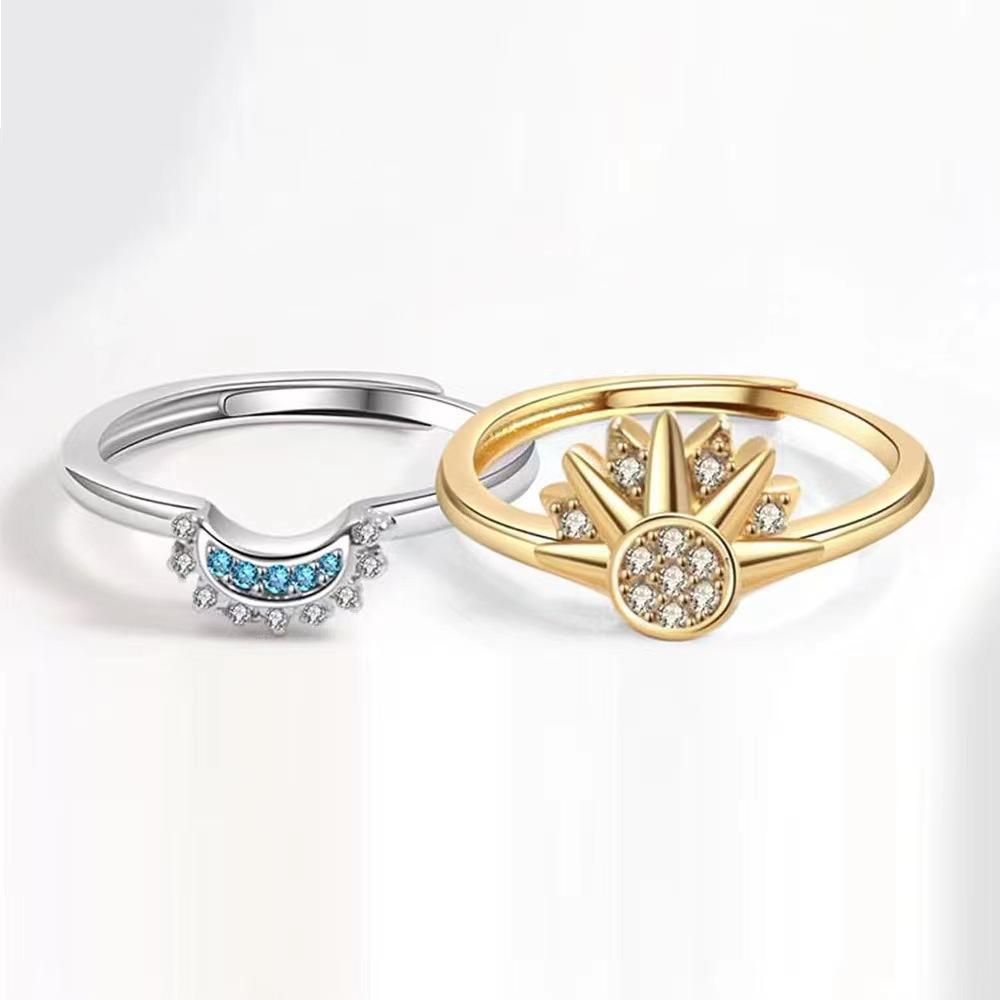 Personalized Simple Design Sense of Sun and Moon, Stacked with Diamonds, Sun and Moon Couple Ring Ring