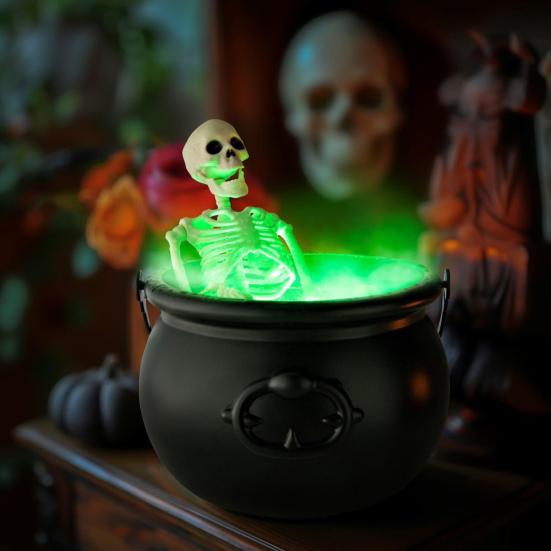 Skeleton Potion Witch Cauldron DIY Magic Floating Potion Bottle with LED Mist Maker And Diffuser Spooky Black Bowl Halloween Decoration for
