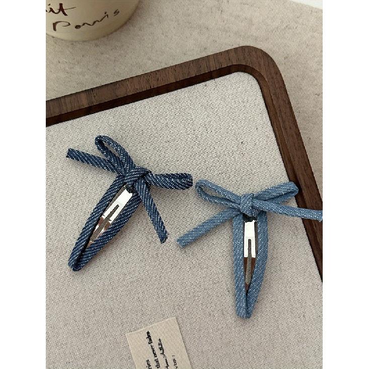 2PCS Women'S New Korean Denim Cute Bow Pop Clip Hair Clip With Sweet Bangs Hair Clip Hair Accessories