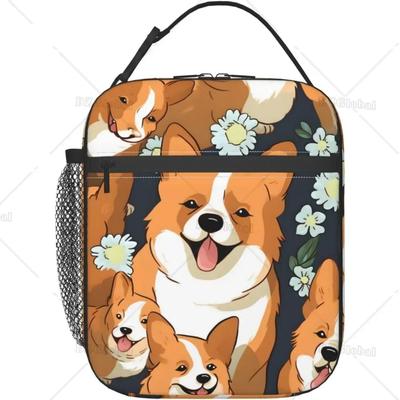 Reusable Insulated Lunch Bag Cute Corgi Dog Cartoon Thermal Lunch Box with Front Pocket Puppy Pet Dog Lover Container Cooler Bag