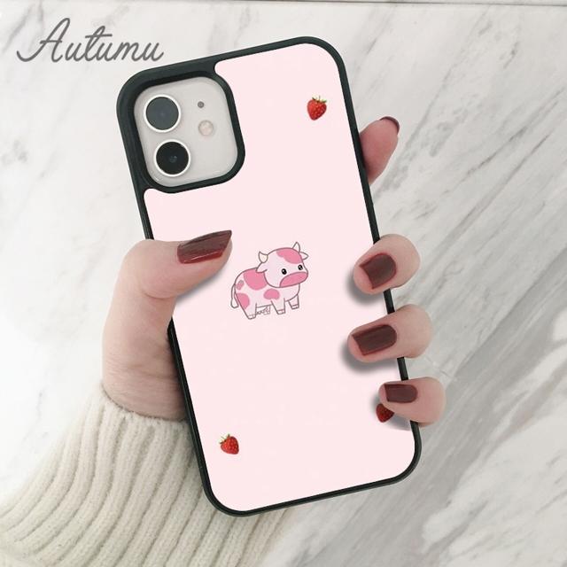 Cute Animal Strawberry Cow Phone Case for iPhone 11 12 13 14 Pro Max Mini XR XS SE 2020 6S 7 8 Plus Samsung Galaxy S21 S22 Shell