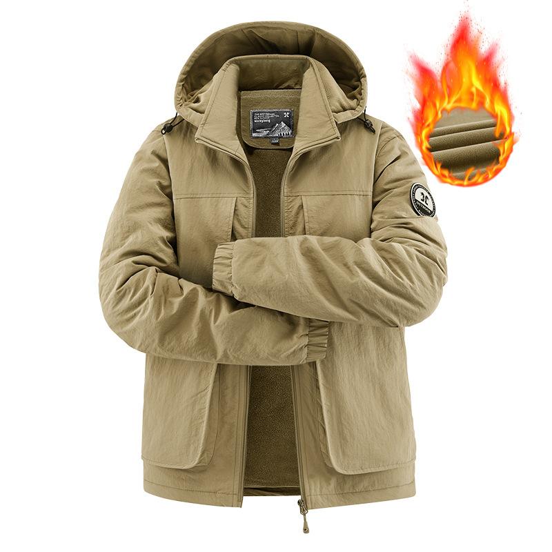 Men's Waterproof Jacket Casual Midlife Fleece Jacket Autumn Winter Fleece Warm multi-pocket Cargo Coats Hooded Overcoats