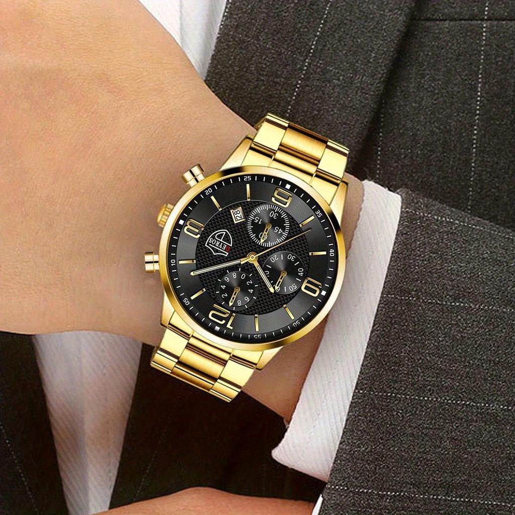 3pcs/set, Men's Calendar Fashion Business Stainless Steel Quartz Watch & Bracelet & Necklace Mens Gifts