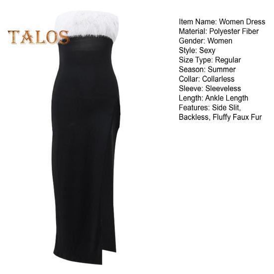 Женское вечернее платье с открытыми плечами, без рукавов, без спинки, без воротника, бандо, пушистый искусственный мех, декор, разрез сбоку, коктейльное вечернее платье-макси, выпускной, топ-платье