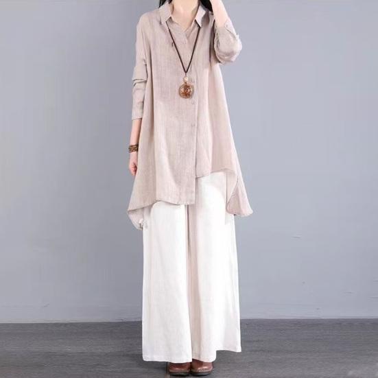 Women Shirt Lapel Long Sleeve Single Breasted Shirt Tops Irregular Hem Solid Color Mid-length Leisure Shirt