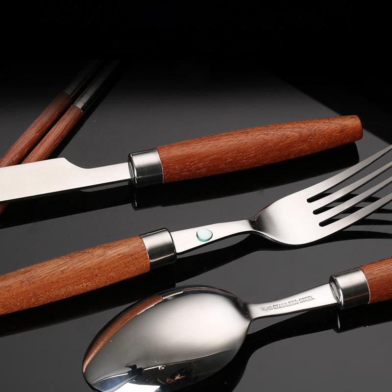 Столовые приборы из нержавеющей стали 304, вилка, ложка, палочки для еды, деревянная ручка, подарок в стиле западной кухни, кухонная посуда, полные наборы