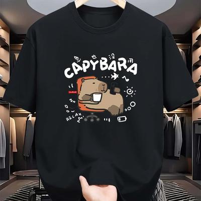 Мужская летняя модная повседневная свободная спортивная футболка с коротким рукавом и круглым вырезом, 100% чистый хлопок, с принтом в виде мультяшного узора