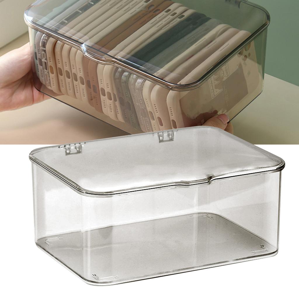Desk Storage Box Plastic Large Capacity Dustproof Multi Functional Phone Case Storage Holder with Lid Light Gray