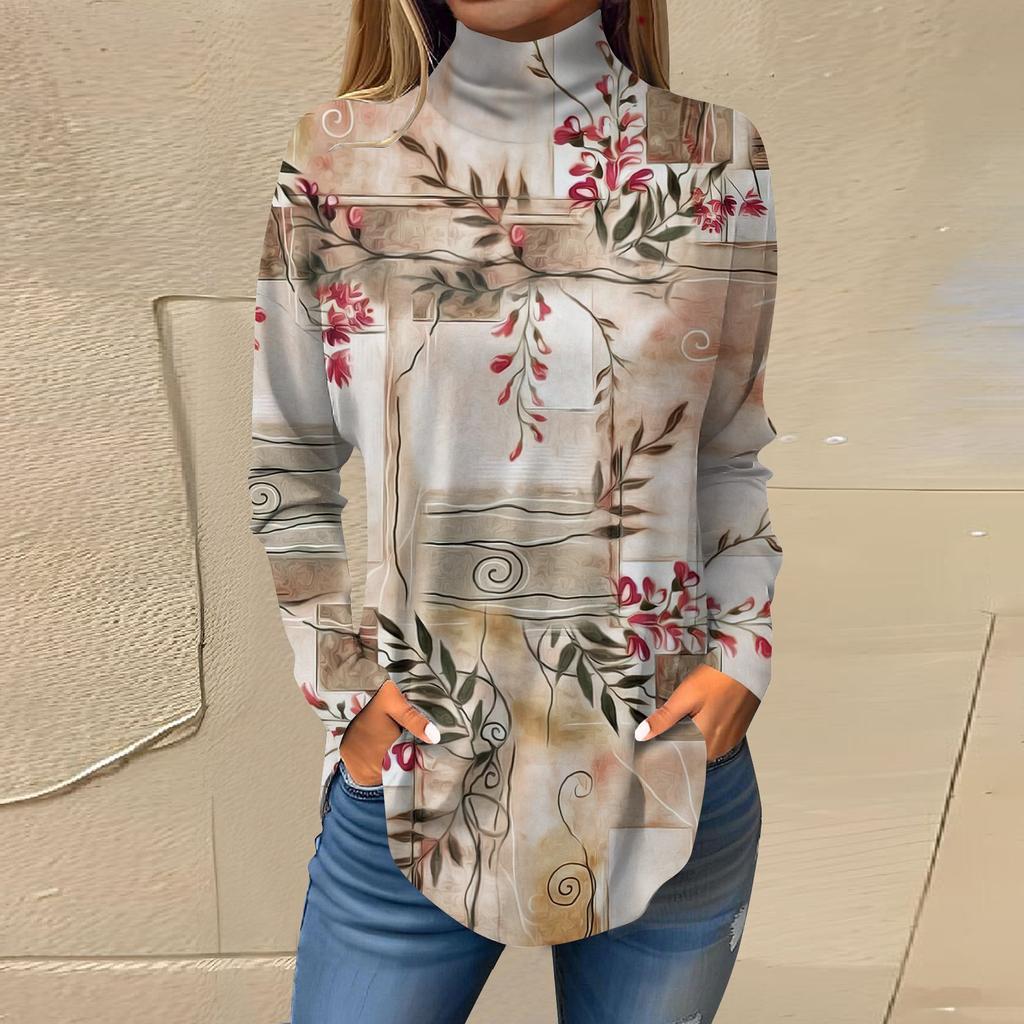Женская модная повседневная футболка с длинным рукавом с высоким воротом и принтом, пуловер, топ