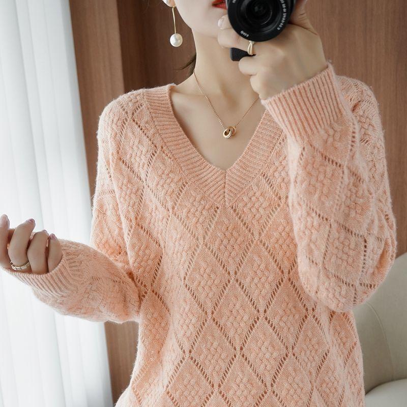 Вязаный свитер с V-образным вырезом и универсальной выемкой и свободной ромбовидной фактурой, женский базовый свитер для осени и зимы