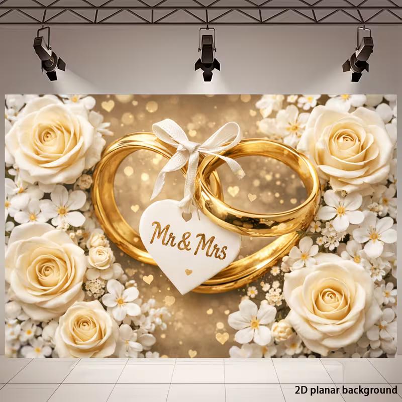 2D Golden Rings and White Roses Photo Booth Background