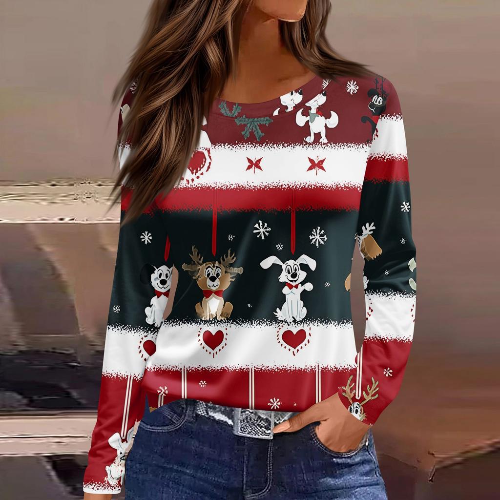 Женская модная повседневная футболка с разрезом по низу, круглым вырезом, длинными рукавами, свободного кроя, с рождественским принтом, женский топ