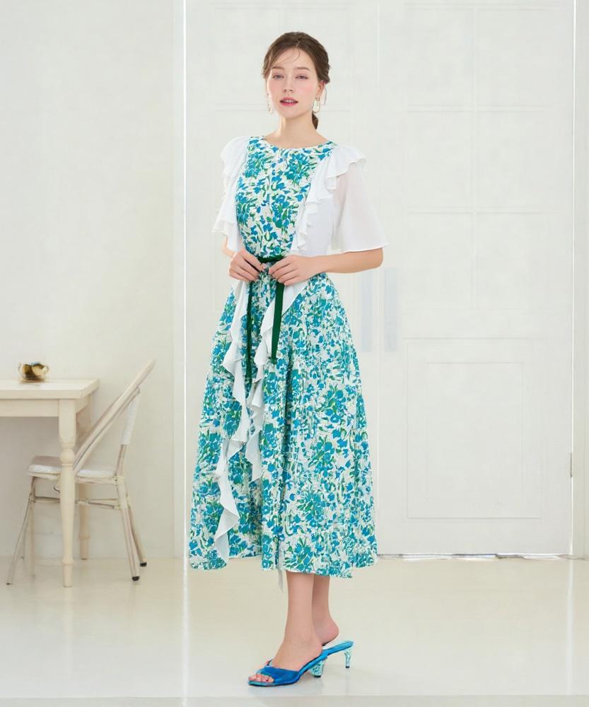 L By L White Ruffle Sleeve Green-Blue Floral Long Dress